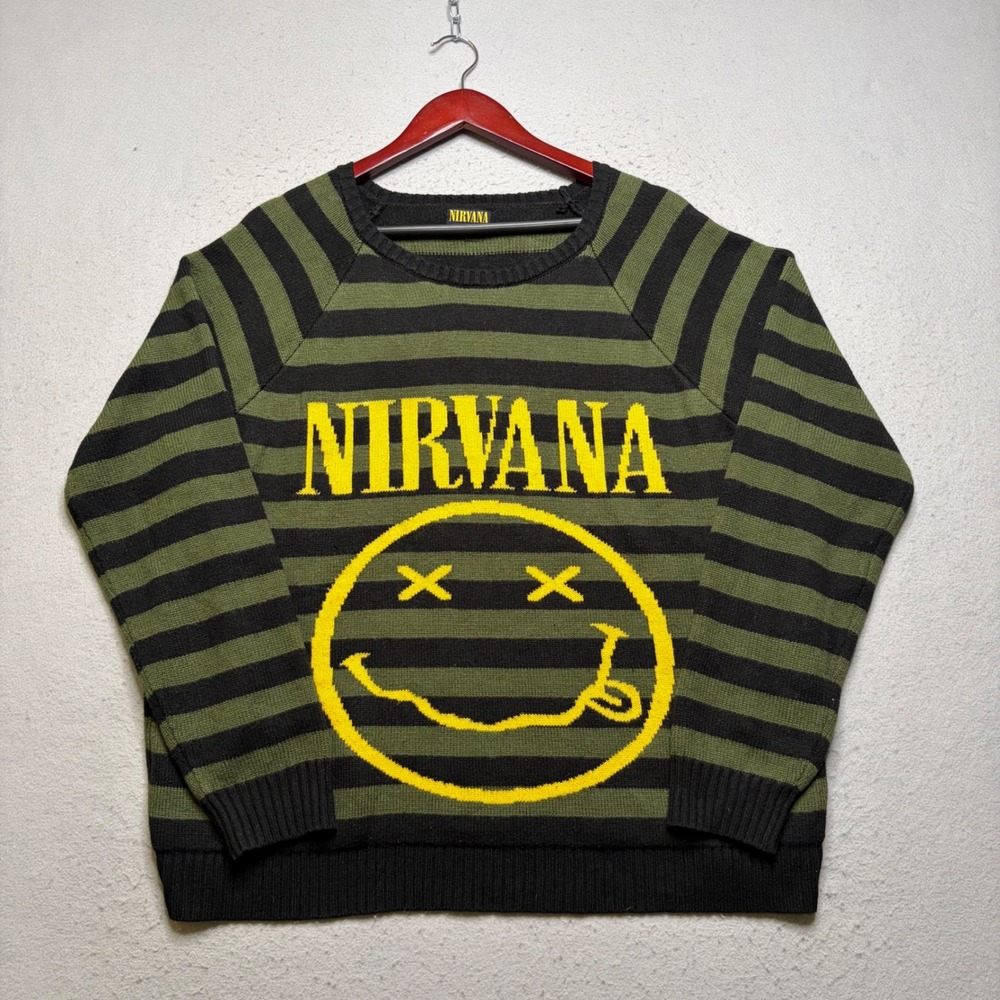 Nirvana Sweater Mens XL Green Black Striped Smiley Face Logo Knit Pullover Y2K